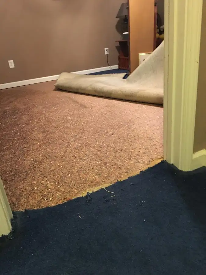 Carpet pad removal revealing water damage during Drying & Dehumidification in Acworth